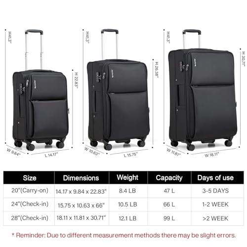 Hanke 20-Inch Expandable Softside Carry-On Luggage - Lightweight Rolling Suitcase for Airline Travel (Black)