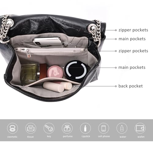 Image of Chain Shoulder Bag Tote Bag for Women Fashion PU Leather Hobo Purse Carry on Bag Satchel Handbags Tote Purse(BLACK)