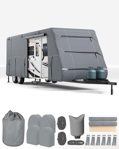 Abdeckplane Wohnwagen 5 5-6 4 m 7-Lagen-Schutzhülle für Wohnwagen & Reisemobil Wasserdicht Winddicht UV-beständig mit Hagelschutz Atmungsaktiv inkl. Sturmgurte Reifenabdeckungen