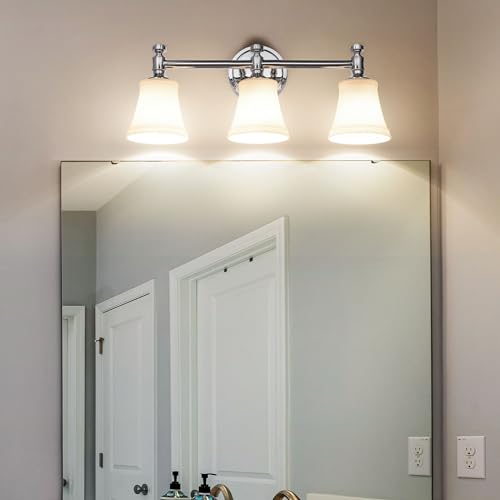 Hanaloa Bathroom Vanity Light Fixtures, Traditional Chrome 3 Lights Wall Sconce Lighting with Opal Glass Shade, Porch Wall Mount Light Fixture for Bathroom, Mirror Cabinets Hallway Stairs by Hanaloa - Used condition - Image 5