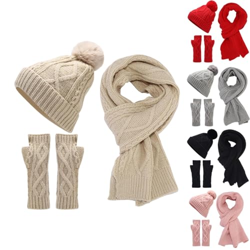 Winter 3 PCS Beanie Hat Gloves Scarf for Men and Women, Knit Fleece Lined Warm Touchscreen Gloves Beanie Scarf Set (Pink, One Size)