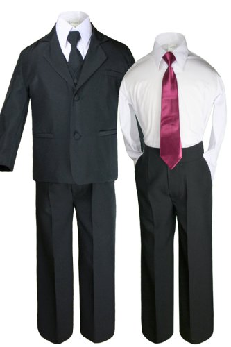 Unotux 6pc Baby Kid Teen Boys Black Tuxedo Suit with Satin Burgundy Necktie S-20 (L:(12-18 Months))