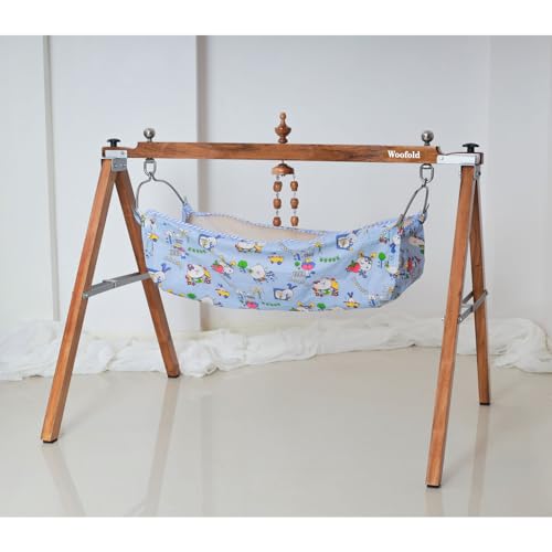 Image of Wooden Baby Cradle with Hanging Jhula | Newborn to Infant Swing Bed with Cloth Hammock | Comfortable & Portable Crib for Baby Sleeping - Brown 01