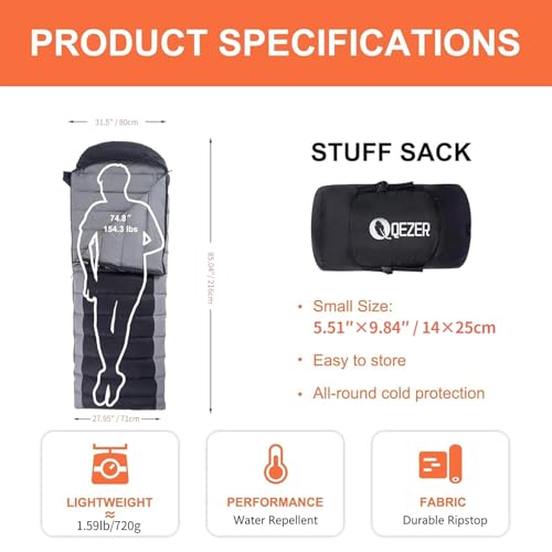 Image of Down Sleeping Bag for Adults 600 Fill Power, Cold Weather Compact Ultralight All Seasons Sleeping Bag for Backpacking, Camping, Hiking