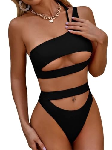 Lilosy Sexy Cutout One Shoulder Bikini Swimsuit Set for Women Brazilian Bathing Suit 2 Piece