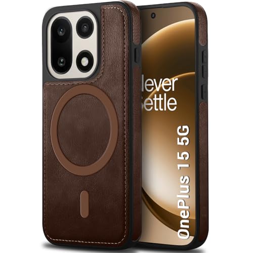 Image of TheGiftKart Genuine Leather Finish Back Cover Case for OnePlus 15 5G | Shockproof Design | Raised Edges for Camera & Screen Protection | Stunning Minimalist Design Cover (MagSafe Compatible, Brown)