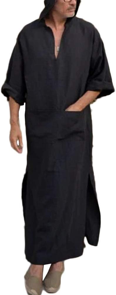 Fueri Mens Linen Hooded Robes Ethic Kaftan Thobe Saudi Arabic Dresses Muslim Dishdash Summer Long Shirts