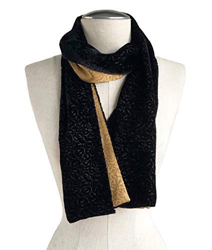 Silk Base Burn-out Velvet Scarf Silk Backing 60" Lx10 W Leaf Black Gold3