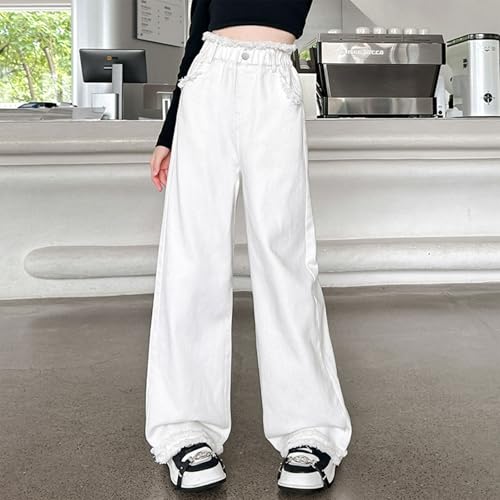 Girl's Baggy Jeans Elastic Waist Pull On Denim Pants Raw Hem Straight Loose Jeans for Teen Girls 6-12Y2