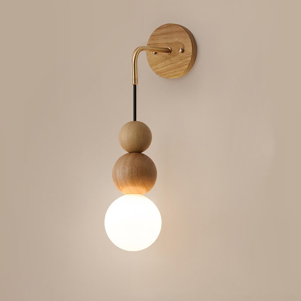 Cosrub Wood Japanese En Wall Sconce, 3 Globe Stacked Wall Mounted Light Vintage Ball Farmhouse Wall Lamp Fixtures For Bedroom Bedside Living Room Hallway(,3000K)