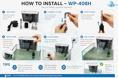 Image of FAH WP-408H Slim Hang-On Filter | 6W, 600L /H, AC 220-240V | 3-Compartment | ABS Material | For 1 to 1.5 Ft Aquarium | Adjustable Flow | Max Flow: 600l /h
