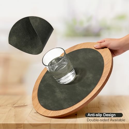 Image of UnivoColors Placemats Round Faux Leather Placemats Set of 8-Waterproof-Wipe Clean-Heat Resistant-Anti Slip Dining Table Place Mats,Suitable for Indoor & Outdoor Use,15 inch.Retro Olive Green