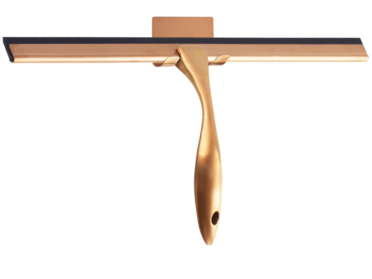 OPERNEE Shower Squeegee with Self Adhesive Hook, 14 Inches Stainless Steel Squeegee Cleaner, All-Purpose Window Scraper for Bathroom Doors, Mirror, Windows and Car Glass, Rose Gold