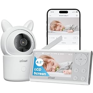 ieGeek 1080P Camara Vigilancia Bebe con App Control Remoto, 4,3″ LCD Pantalla, Voz Bidireccional, Visión Nocturna Color, Detección Movimiento y Ruido, Rotación 360º, Alarma Área Personalizada