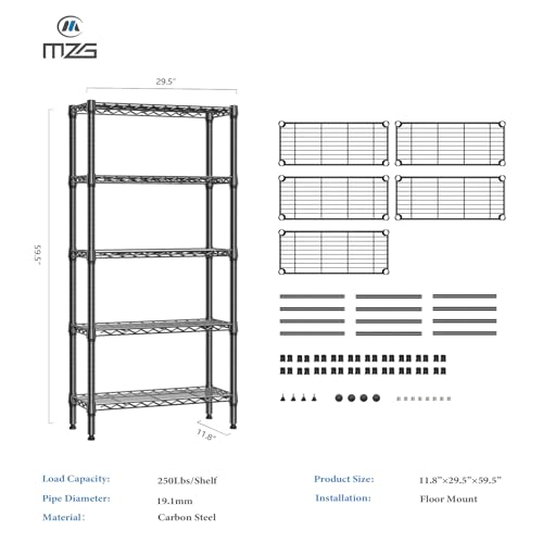 Image of M MZG 1250 lbs 5 Tier Shelf Metal Storage Shelves Wire Rack Closet Organizers for Garage Kitchen Bathroom Laundry Black 11.8 inch D x 29.5 inch W x 59.5 inch H