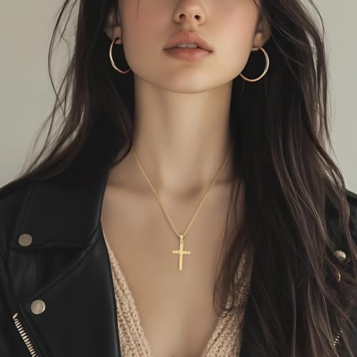 Cross Necklace for Women Gold Cross Necklaces for Women 14K Gold Crosses Pendant Necklaces for Womens with Singapore Chain Engraved with Fine Symmetrical Stripes Womens Crosses Chain Pendant3