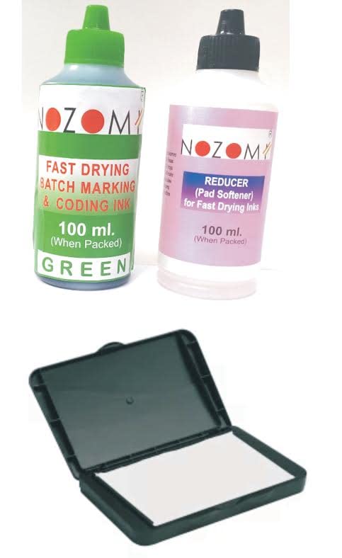 NOZOMI Fast Drying Batch Marking Ink – Black Ink With Blank Stamp Pad