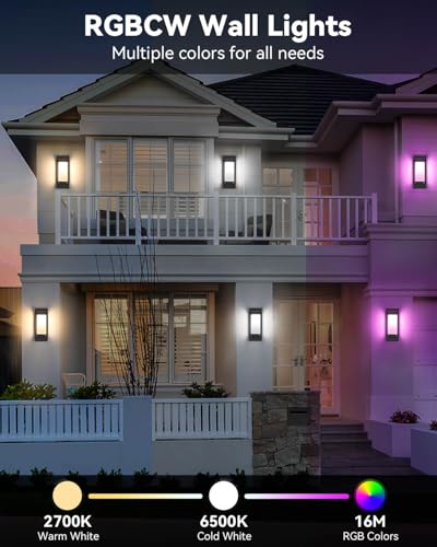 Image of SHIMR Smart Outdoor Wall Lights 2 Pack, WiFi RGB Color Changing Sconce 2700K-6500K Tunable White, Dusk to Dawn Outdoor Light Fixture with E26 Base for House Porch Garage, Work with Alexa & Google
