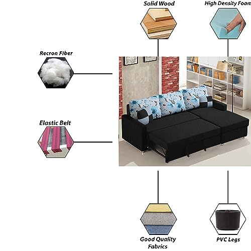 Image of Orland 4 Seater LHS L Shape Sofa Cum Bed for Living Room | Color - Black | Premium Fabric Sofa