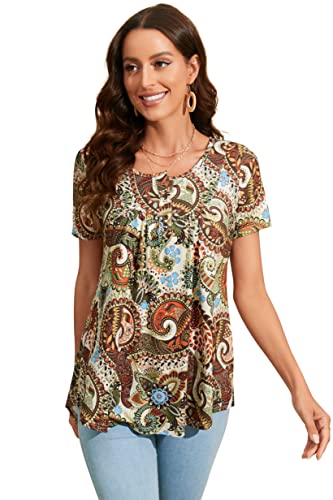 Enmain Tunique à Manches Courtes pour Femmes Grande Taille, Col en V, Lâche Longline pour Leggings, Chemisier T-Shirt avec Boutons Floral, S1-Marron Clair,...