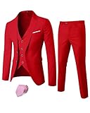 YND Men's 3 Piece Suit Set with Tie, 2 Button Slim Fit Solid Blazer Jacket Vest Pants, Business Wedding Party Suits for Men, Red