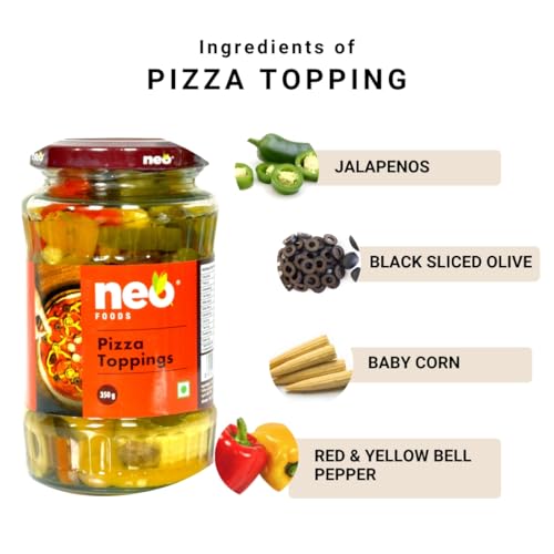 Image of Neo Pizza Topping 350g I Ready-to-Eat, Fibre-Rich l Jalapeno, Olive, Baby Corn, Yellow and Red Bell Pepper I Enjoy as topping for Pizza, Pasta, Salads, Burger & Wraps l Non-GMO I100 % Vegan (Pack of 1)