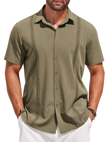 COOFANDY Men's Guayabera Premium Lightweight Embroidered Pleated Cuban Shirt Mexico Style Army Green