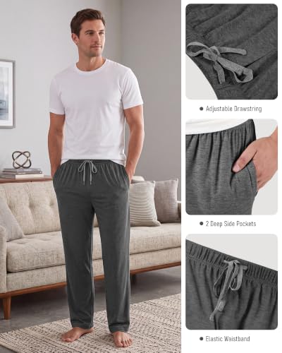 Image of 3 Pack Mens Cotton Pajamas Pants Lounge Pjs Bottoms Sleepwear Bottoms Soft Pants with Pockets Drawstring