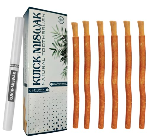 KUICK-MISWAK Natural Miswak Sticks for Teeth Cleaning 6 Organic Siwak Sticks with Holder Natural Toothbrush for Teeth Whitening Fresh Breath Daily Oral Care & Eco-Friendly Dental Hygiene