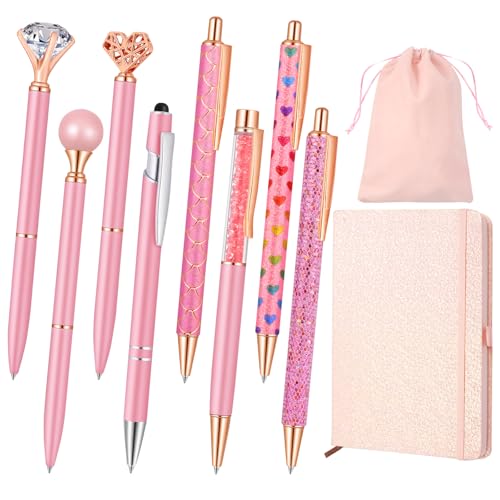 PrintPulse 10 Pcs Pen Set, Metal Crystal Diamond Black Ink Pens and Glitter Journal Notebook, Cute Office Supplies for Women, Back to School Supplies for Girls Birthday