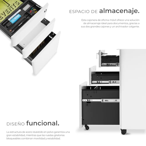 Miniatura 5 de Tectake Archivador Rodante De Acero, Cajonera Escritorio Con Ruedas, Dos Cajones Din-A4, Archivador Colgante, Cerradura, Rieles Telescópicos, Oficina, Muebles, Cajonera Oficina - 59,5x50x30cm Blanco