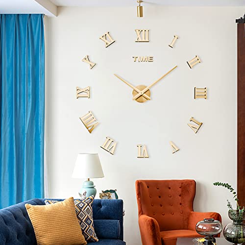 Image of Large DIY Wall Clock Kit, 3D Frameless Wall Clock with Mirror Number Stickers for Home Living Room Bedroom Office Decoration-Gold 021