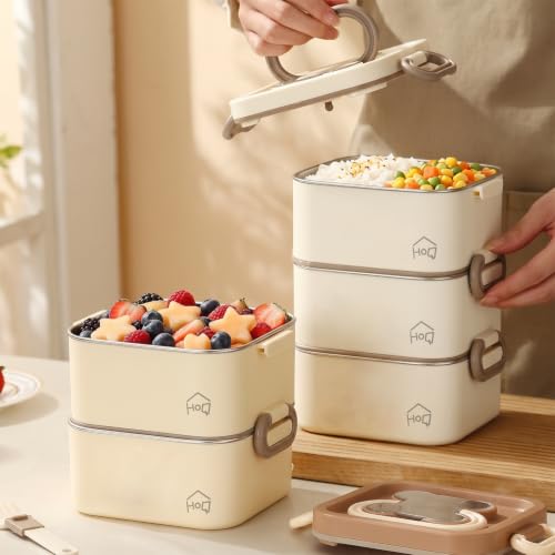 Image of House of Quirk 304 Stainless Steel Lunch Box, 2 Containers with 1 Divider Container, Insulated Lunch Bag & Spoon, Leakproof Bento Tiffin Box for Office, School & College, BPA Free (Beige)