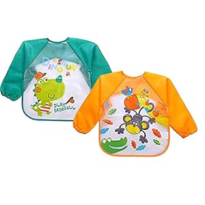DOMENICO Waterproof Colorful Children Bib Cute Cartoon Animals Baby Bibs Full Sleeve Children Apron Long Sleeve Feeding Bibs