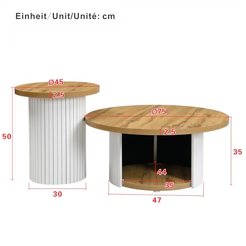 Merax Couchtisch Set, 75x75x50+45x45*35cm, doppelter runder Wohnzimmertisch mit Beistelltisch, mit Naturholzoptik, skandinavischer Stil, moderner Sofatisch für Wohnzimmer, Natur – Bild 3