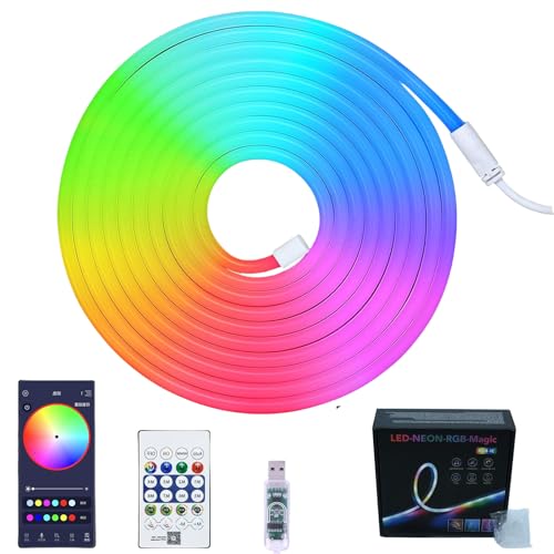 Faixa LED de néon 5 m RGB, impermeável IP67 flexível com comando à distância e controlo por APP, ideal para quarto, sala de estar jardim bar festas aniversário e decoração de Natal