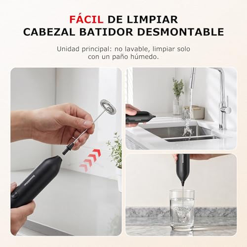 Miniatura 8 de Bonsenkitchen Espumador De Leche Portátil Recargable, Licuadora De Acero Inoxidable Desmontable, Diseño De Bajo Ruido Para Cappuccino, Matcha Y Café, Regalo Ideal Para Amantes Del Café, Negro