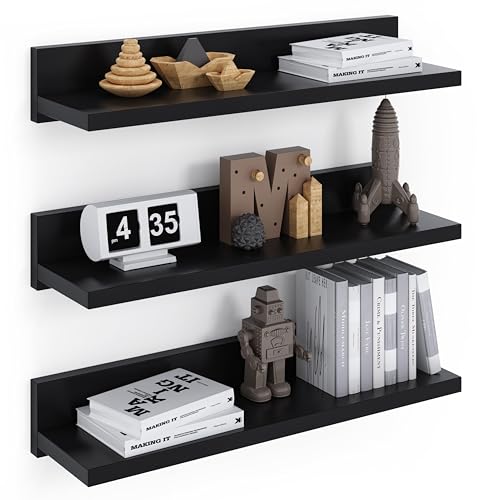 ComfortCove Estante de Pared 39cm, Estantes Flotantes, Estante Montado en la Pared, 3 Estantes Negro Montados con Tornillos, Baldas flotantes, Juego de 3 Estantes para Dormitorio, Cocina
