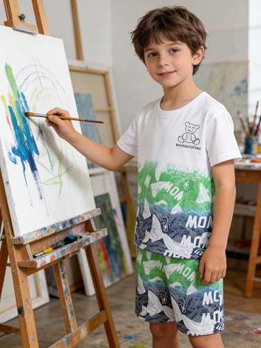 Image of Ayzozuy Boy Clothes Colorblock Top + Drawstring Waist Shorts 2 Pieces Kid Summer Outfits Set
