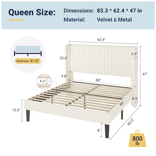 Image of Allewie Queen Size Velvet Bed Frame /Vertical Channel Tufted Wingback Headboard /Upholstered Platform Bed /Strong Wooden Slats /No Box Spring Needed /Easy Assembly /Cream White