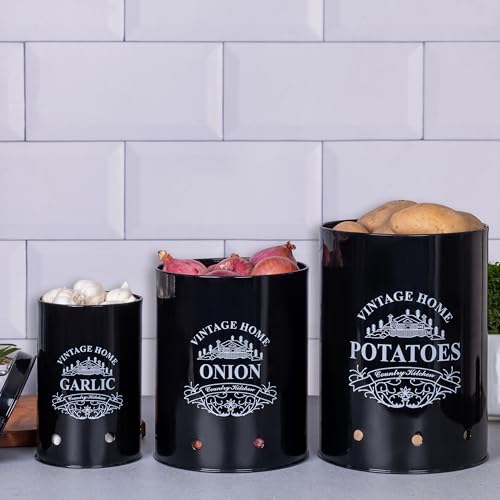 Image of Metallure Home Round Classic Kitchen Storage Containers | Set of 3 Metal Jars With Lid | Potato, Onion & Garlic (Food Safe) (Black)