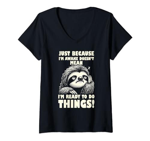 Vintage Sleepy Sloth's "Awake But Not Ready" Humorístico Camiseta Cuello V