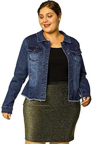 Agnes Orinda Women's Plus Size Classic Washed Front Frayed Denim Jacket 2X Dark Blue