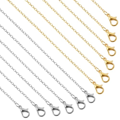 Qianyu 12 Pieces Necklace Chains for Jewelry Making with Lobster Clasp Gold and Silver Plated DIY Jewelry Charms Round Link Snake Necklace Chains for Girlfriend Wife Lover Mother 18 Inches
