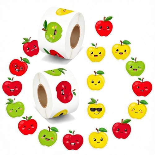1000 Pcs Apples Roll Stickers 16 Designs Lovely Fruit Sticker with Funny Vivid Faces Back to School Classroom Awards Decorations DIY Crafts(1 Inch)