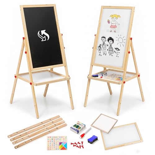FB FunkyBuys 100cm Kids Easel Double Sided with Magnetic Whiteboard & Chalk Board for Kids 54pc Magnetic Letters and Numbers for Children Coloured Chalk Dry Erase Marker & Whiteboard Eraser Sponge