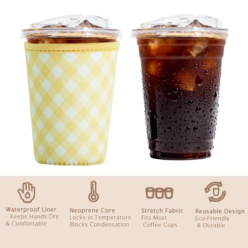 Image of Reusable Insulated Sleeve for Iced Coffee Cup, Coffee Neoprene Sleeve for Cold & Hot Drinks, Beverage Holder for Iced Coffee (Yellow Gingham, Large: 32oz)