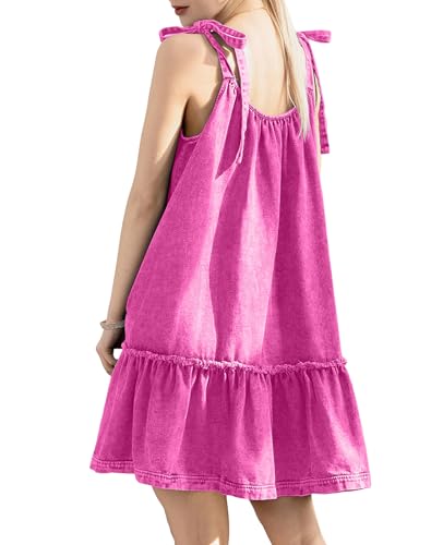Image of Denim Dress for Women Tie Shoulder Sleeveless Denim Mini Dress Casual Flowy Babydoll Dress Wash Jean Dress
