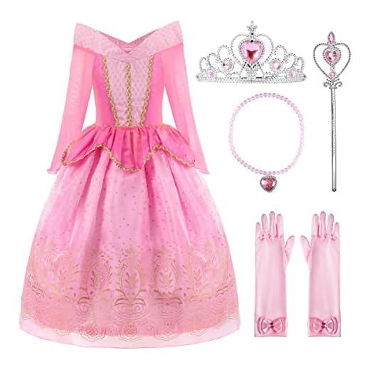 ReliBeauty Disfraz del Traje de la Princesa Bosques Dormida niña Ropa Rosa del La Bella Vestido de Tul con Lentejuelas y Accesorios de Oro, 140