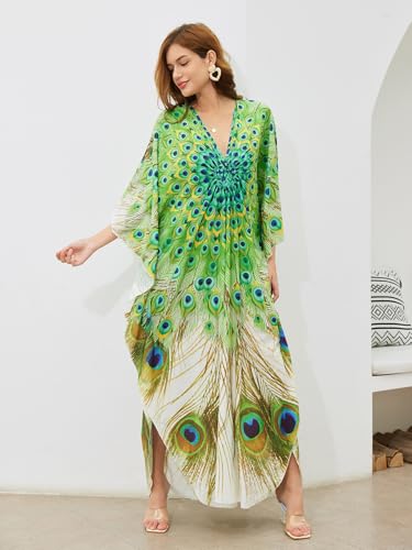 Image of KECVOT Kaftan Dresses for Women Embroidered Short Sleeve V-Neck Plus Size Caftan Bikini Swimsuit Cover-Up Long Beach Dress